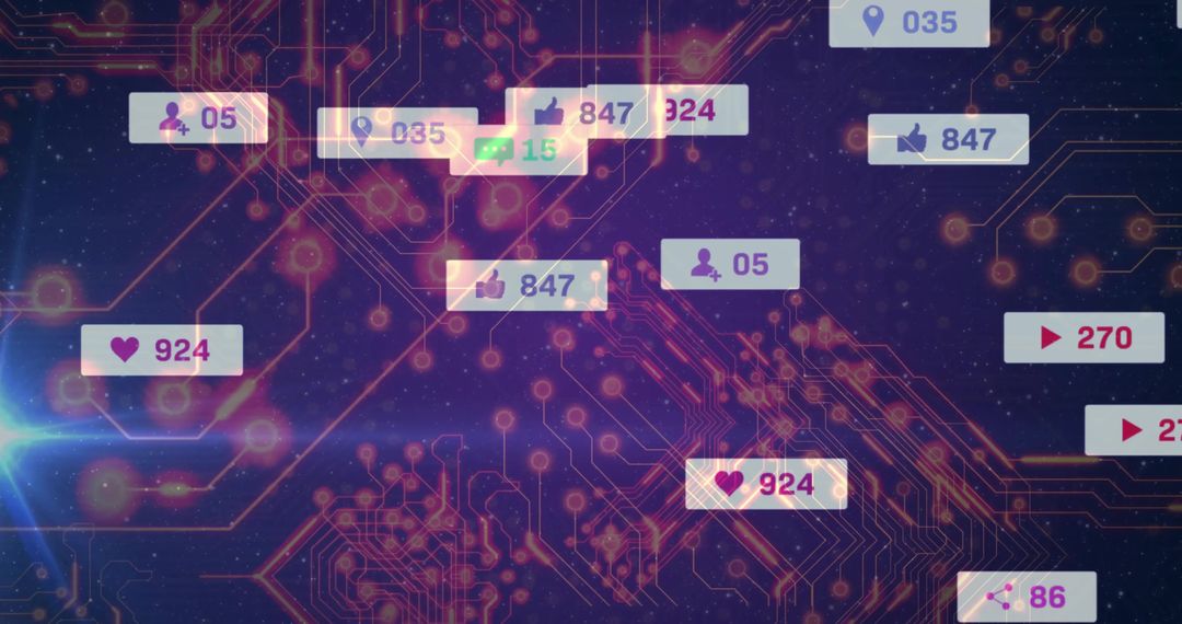 Floating social media notification badges traveling on neon circuit network with counters