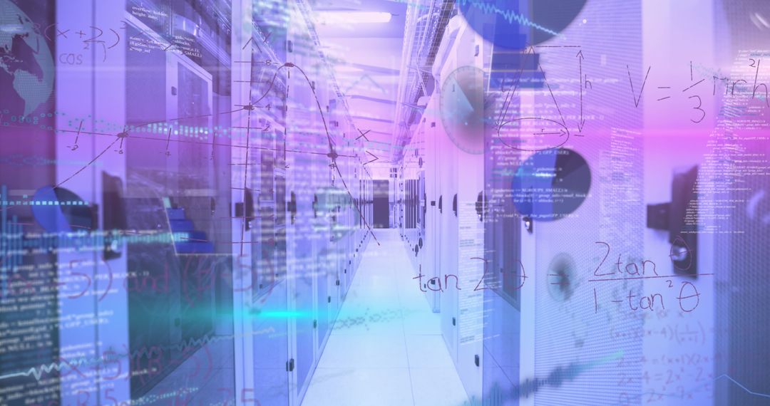 High-Tech Data Center Aisle with Code Overlays Illustrating Cybersecurity