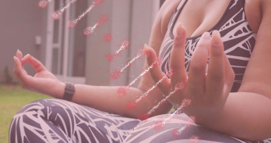 Digital DNA Visualization Over Woman Meditating in Yoga Pose