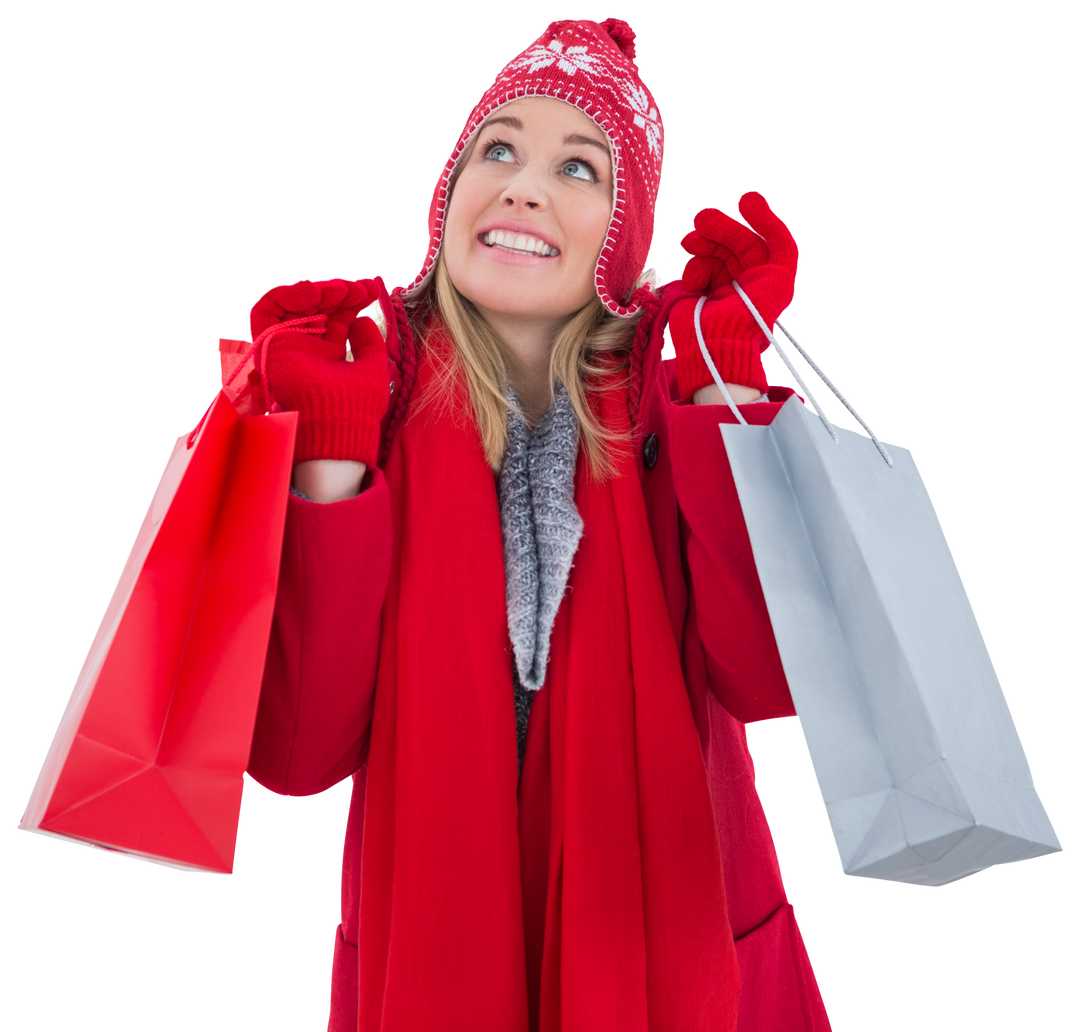 Smiling Blonde Woman Holding Shopping Bags in Winter Clothes on Transparent Background - Download Free Stock Images Pikwizard.com