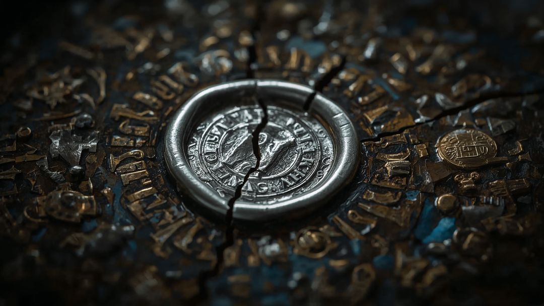 Intricate Silver Seal with Radiating Cracks and Gold Coin Detail