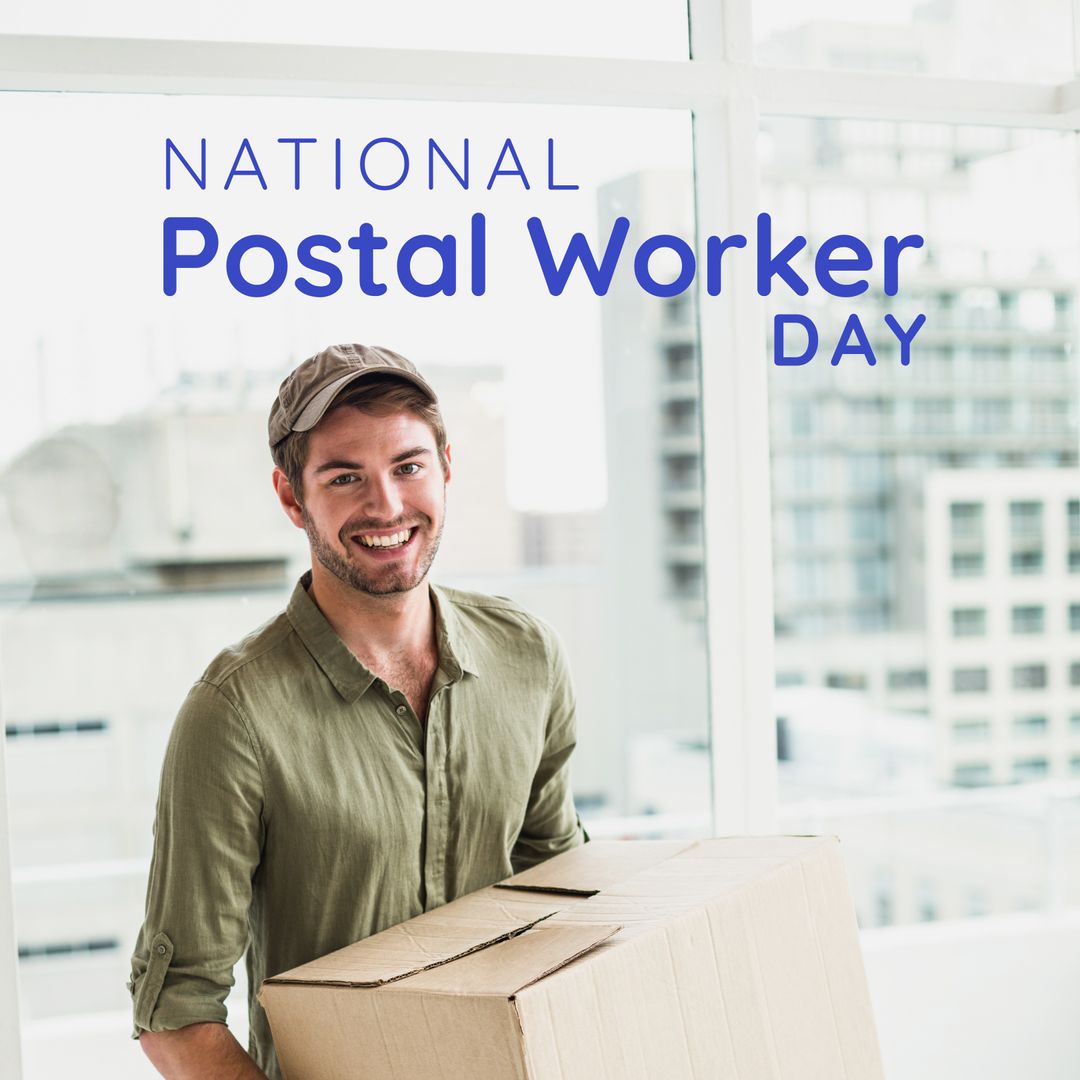 Happy Postal Worker Holding Package Commemorating National Day