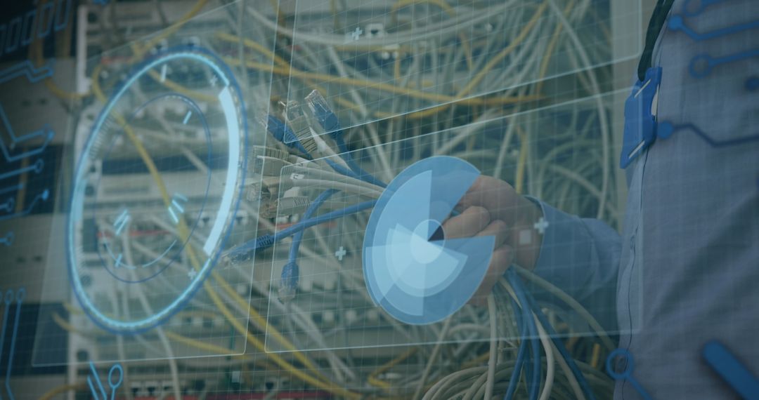 Engineer Holding Network Cables with Futuristic Interface Overlay