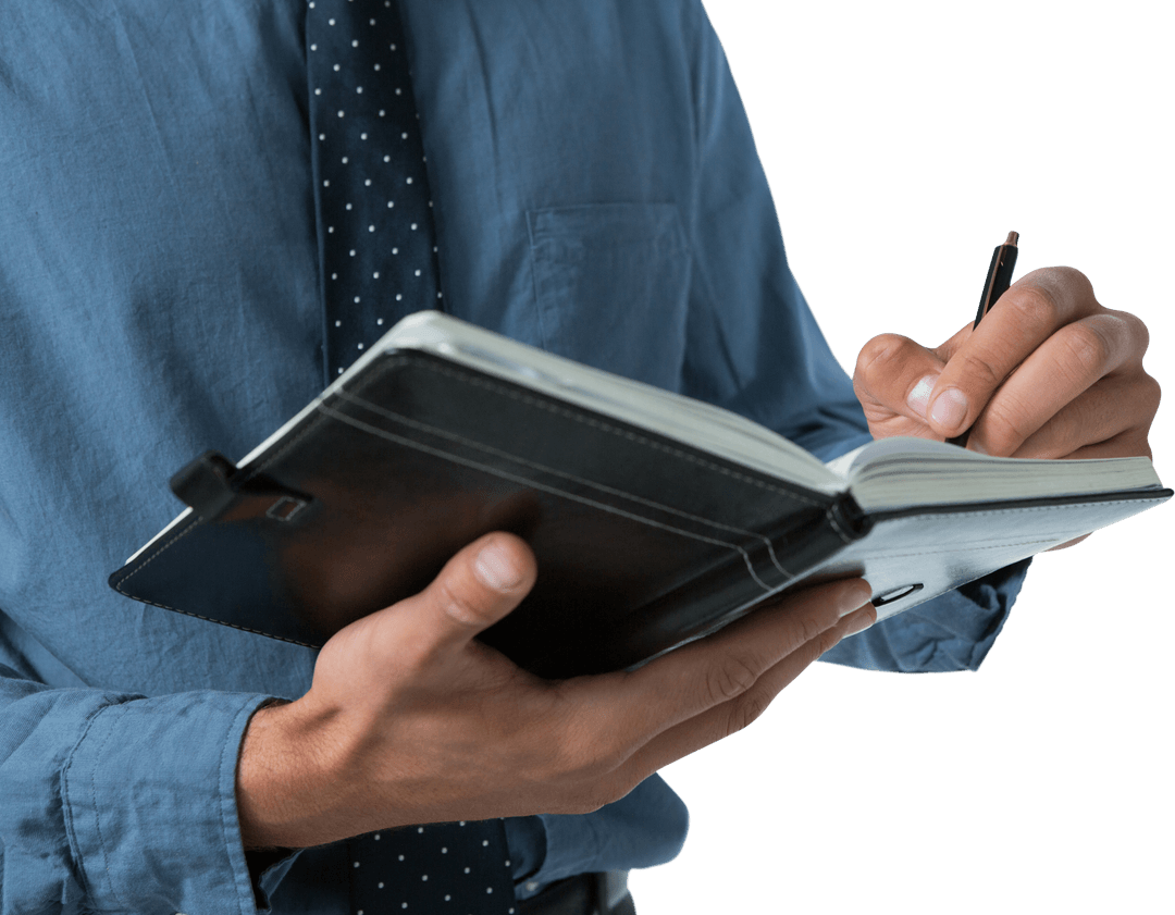 Mid Section of Professional Male Writing in Transparent Office Environment