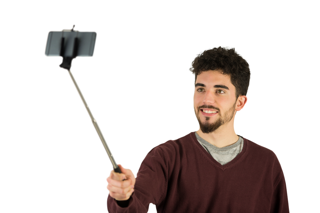 Transparent background of smiling man taking selfie with smartphone on selfie stick - Download Free Stock Images Pikwizard.com