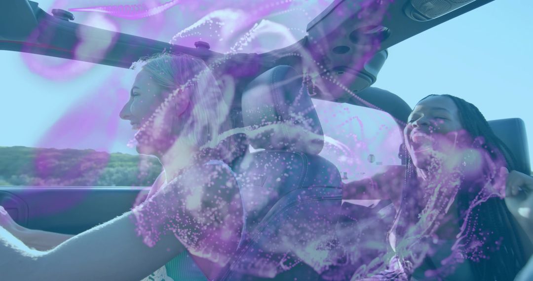 Friends enjoying scenic ride with futuristic holographic display