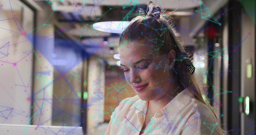 Businesswoman Analyzing Data Networks in Modern Office Environment