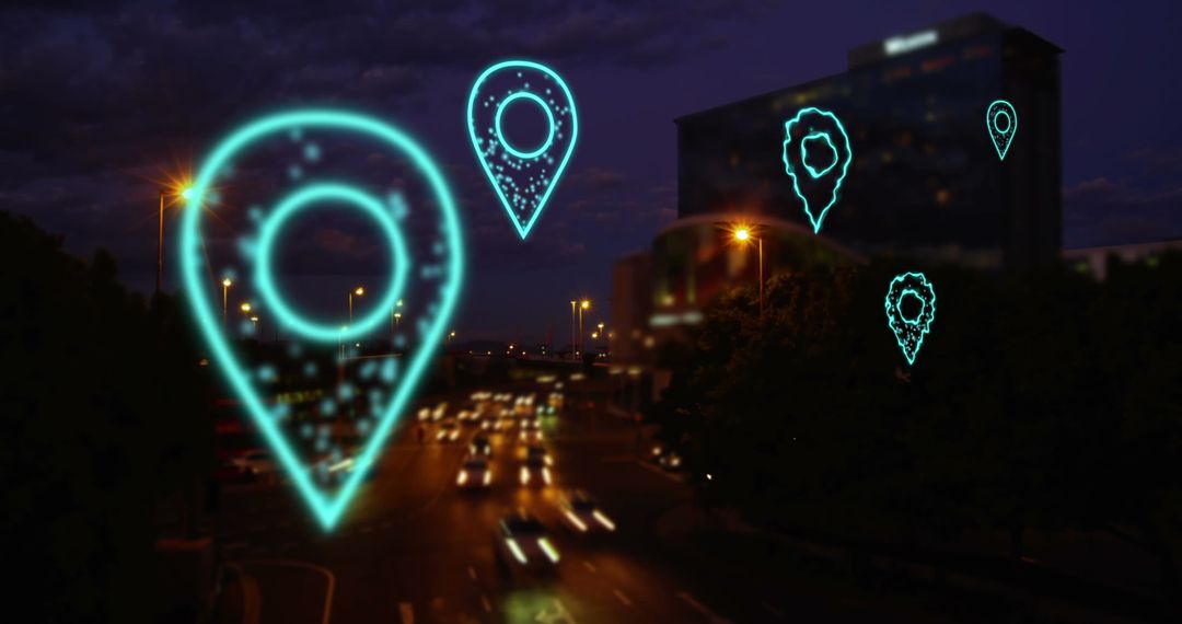 Digital Location Icons Hovering Over Night Cityscape