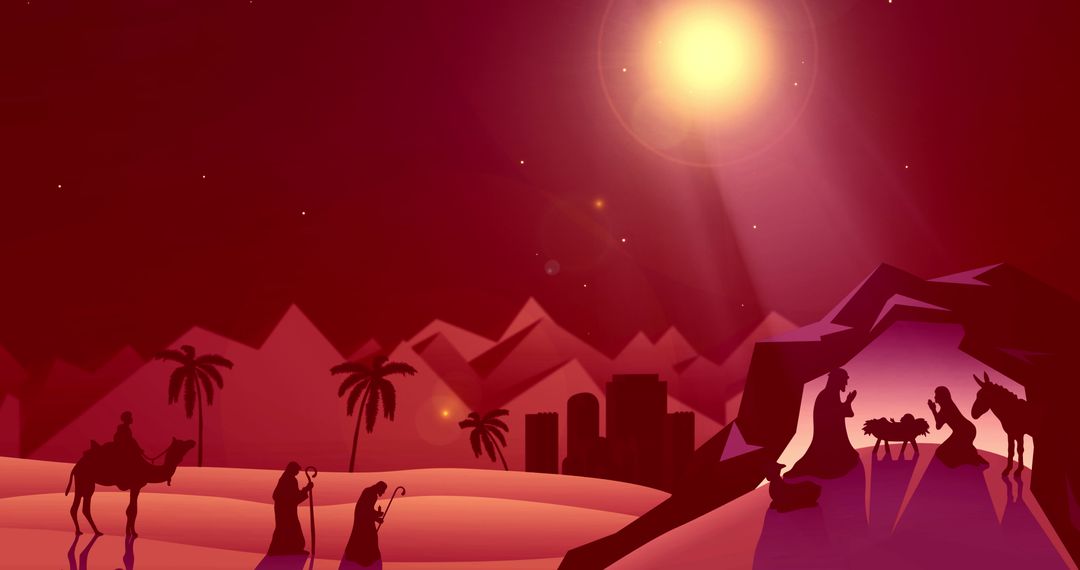 Illuminated Nativity Scene with Glowing Sunlight Watching Over Desert