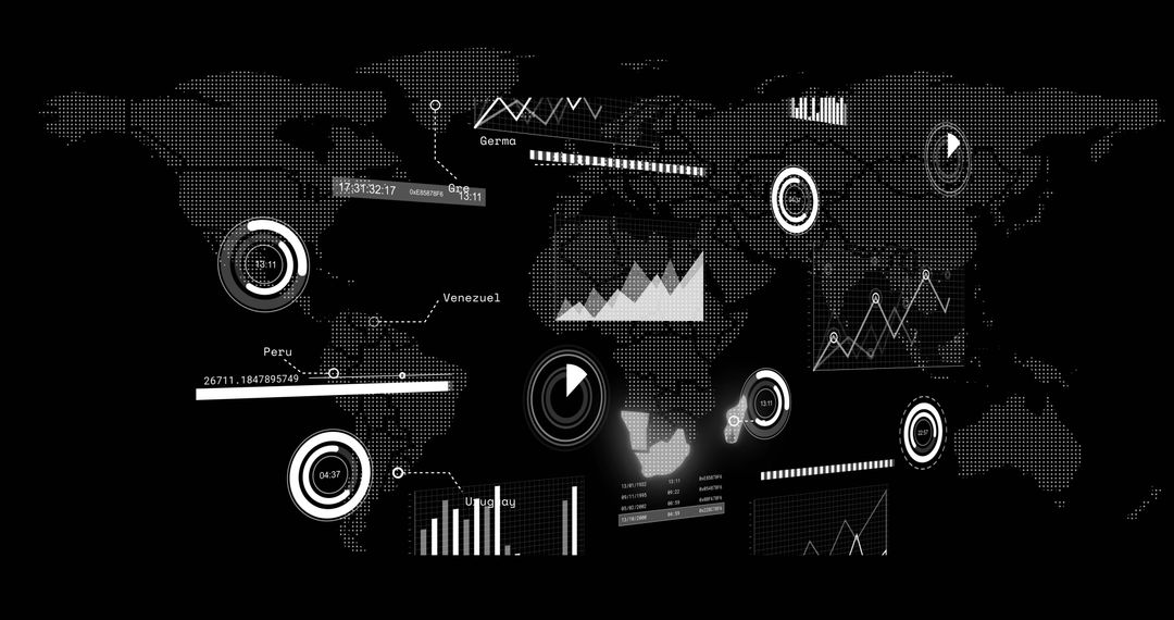 Digital Dashboard Display on Global Map with Analytics Charts