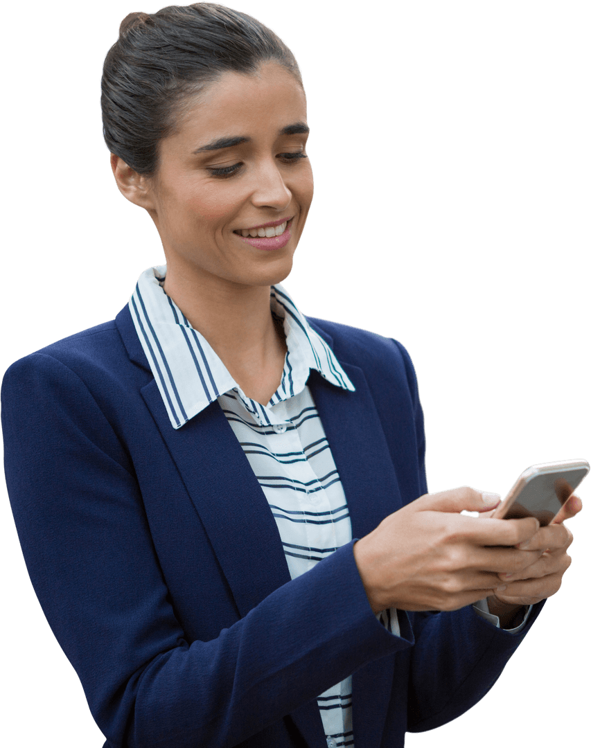 Smiling Businesswoman Messaging on Transparent Background
