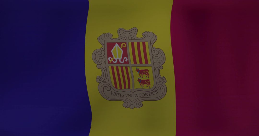 Andorra tricolor flag waving with coat of arms showing mitre, cows and Latin motto on textured cloth