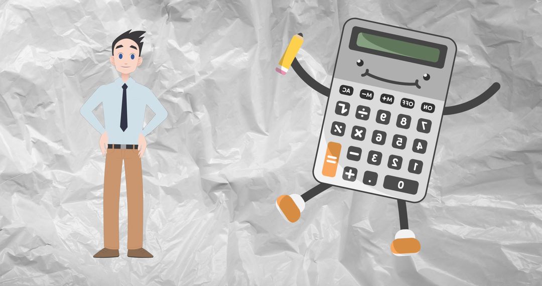 Animated Man Engaging with Cheerful Calculator Character