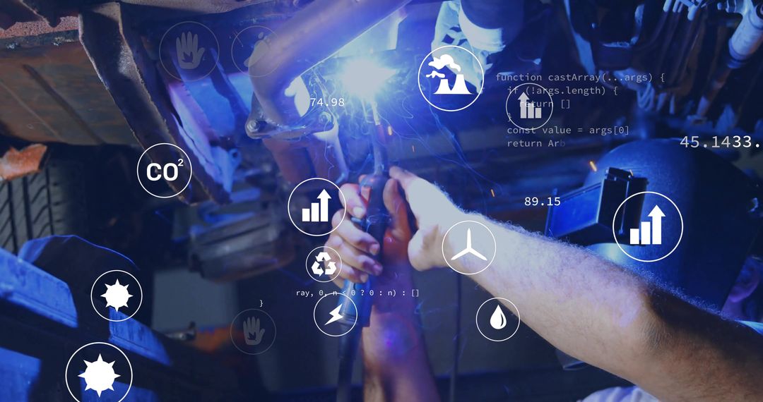 Mechanic Welding Under Vehicle with Digital Diagnostics Overlay