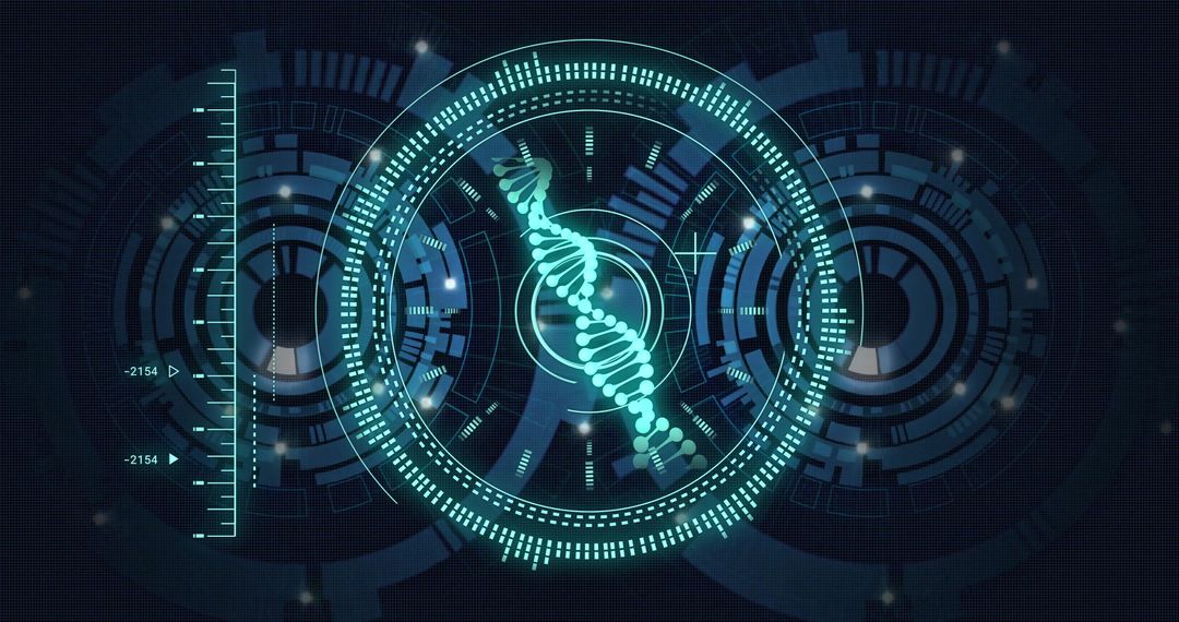 Futuristic Digital Interface with DNA Helix and Data