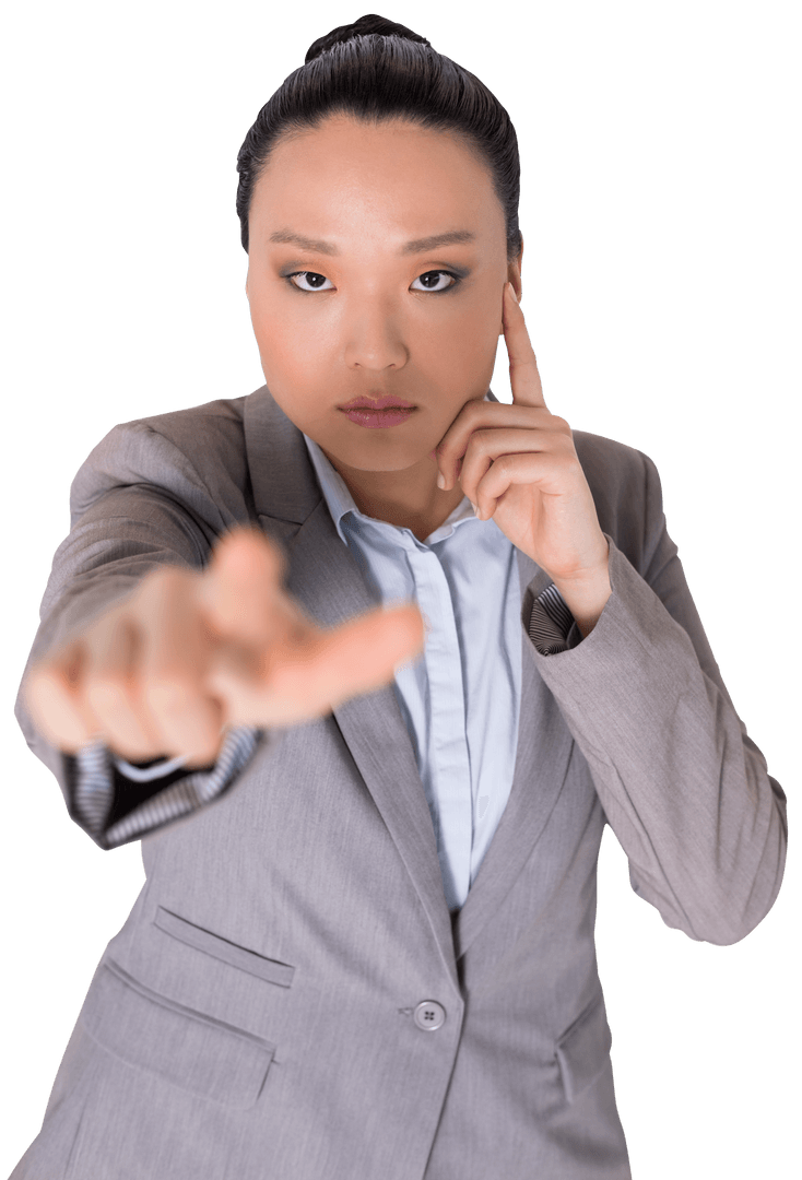 Transparent Asian Businesswoman Pointing Finger with Focused Expression