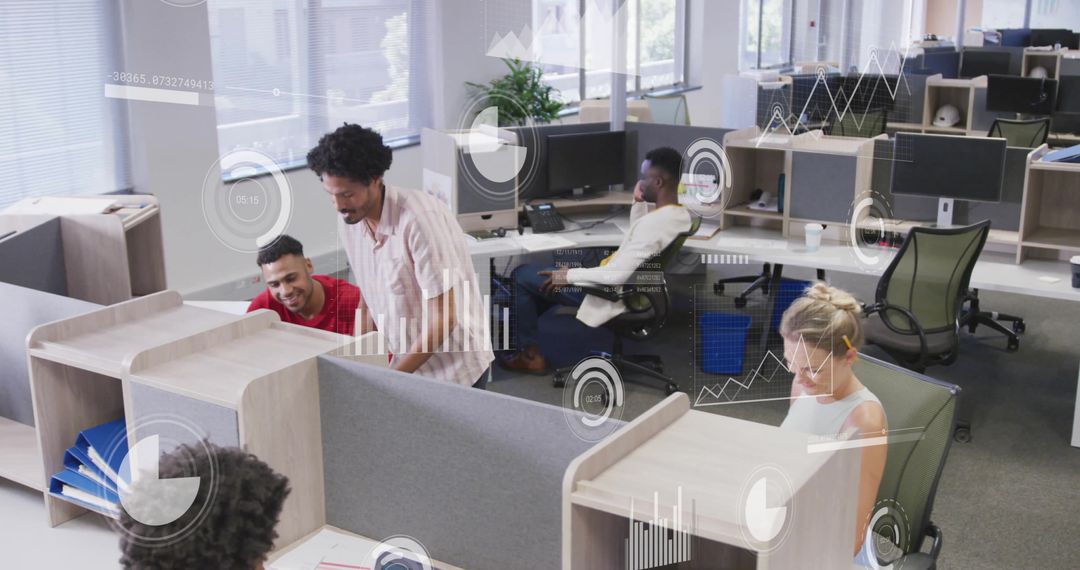 Diverse Team Collaborating in Modern Office With Data Graphics