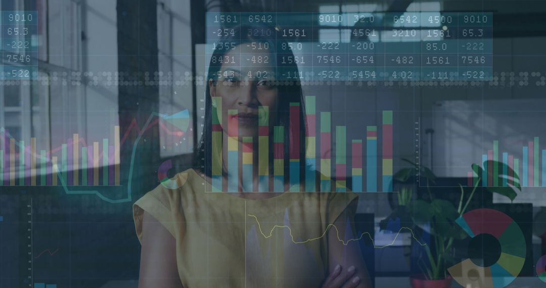 Businesswoman with Financial Data Interface Displaying Growth Analytics