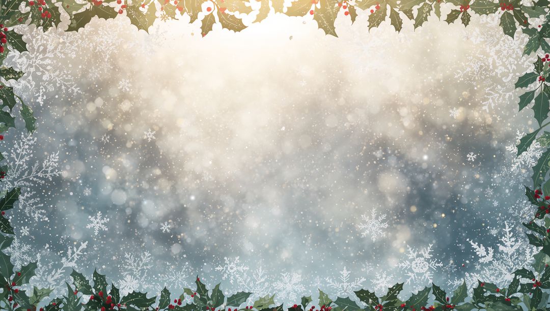 Framing Holly and Snowflake Holiday Border with Frosted Bokeh Lights for Greeting Cards
