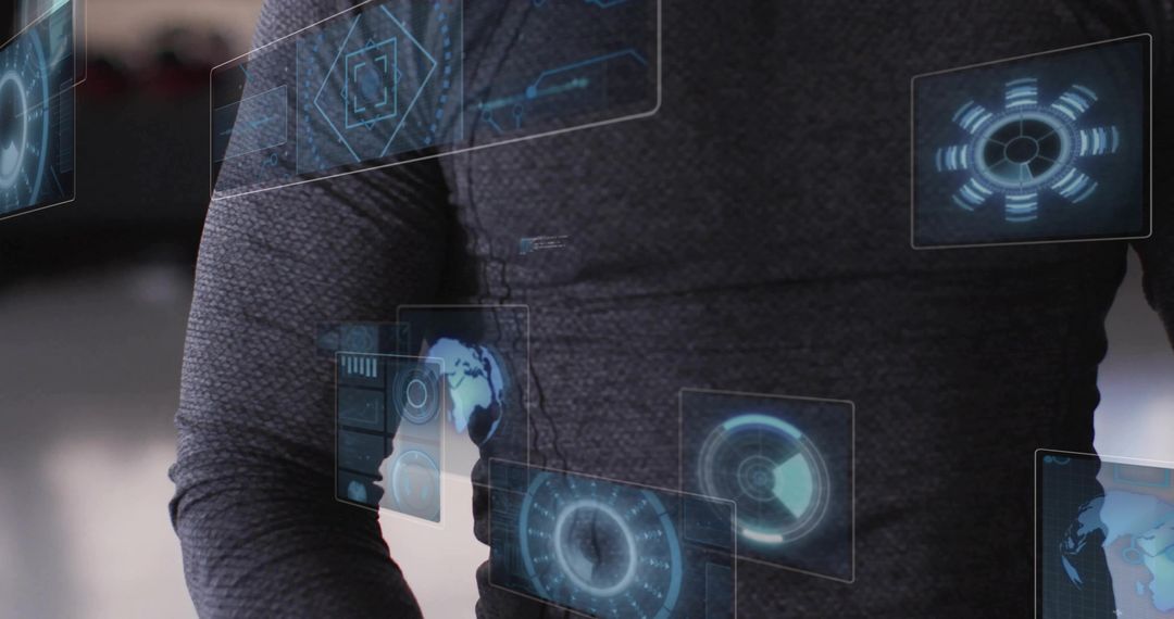 Holographic HUD Projecting Over Torso of Technician Wearing Dark Long-Sleeve Top in Lab