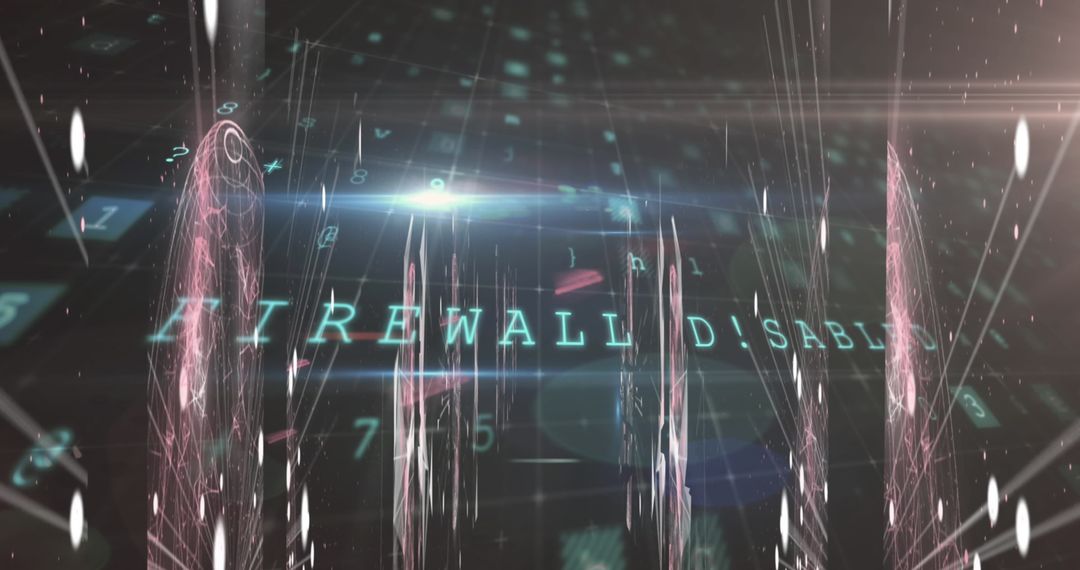 Glowing Firewall Disabled Text Hologram in Cybersecurity Network