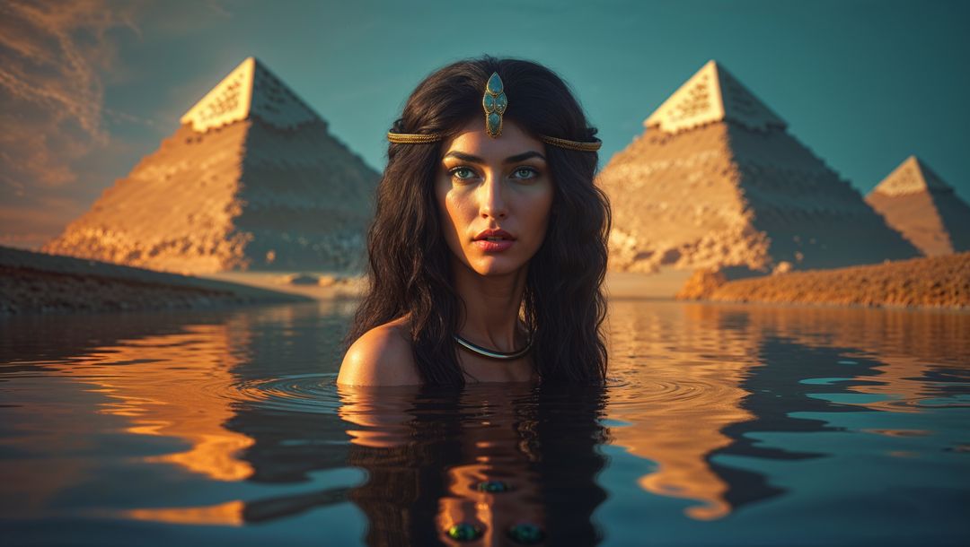 Mystical cleopatra emerging from desert oasis near pyramids at sunset