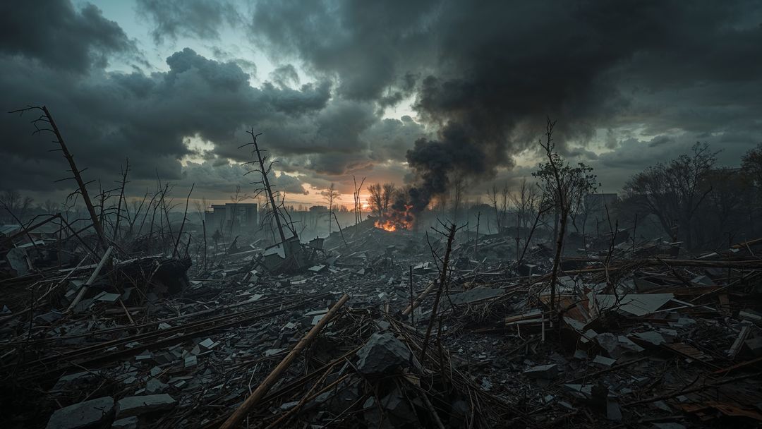 Desolate earthquake warzone debris in apocalyptic landscape at smoke-filled dusk