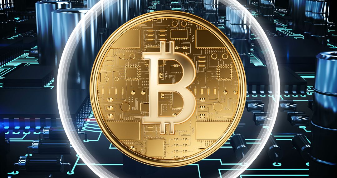 Gold Bitcoin Glowing Amidst Circuit Board Simulation