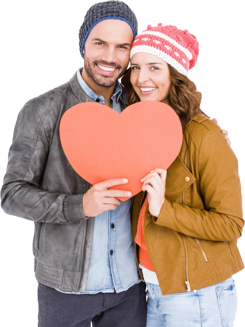 Smiling Couple Holding Red Heart Cutout Transparent Background