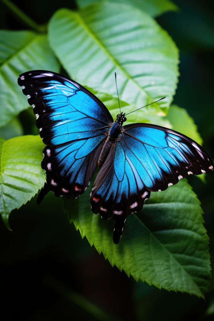 Bright Blue Butterfly Resting on Leaf in Jungle - Free Images, Stock Photos and Pictures on Pikwizard.com