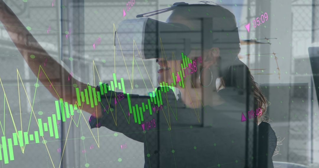 Woman Using VR Headset Analyzing Charts in Modern Office