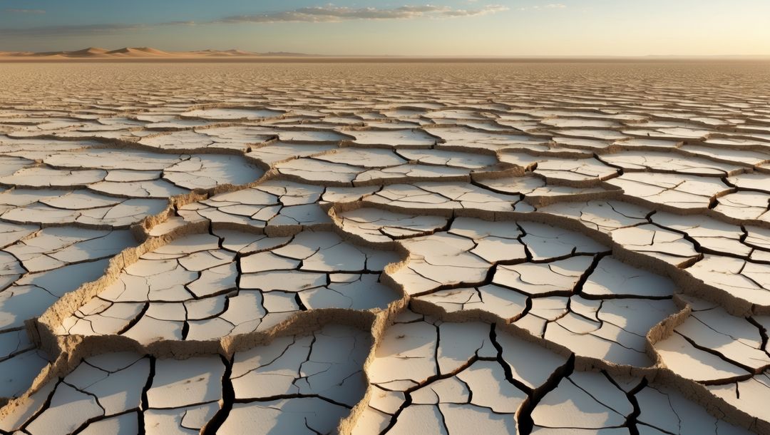 Cracked earth with deep fissures in drought-affected arid desert landscape