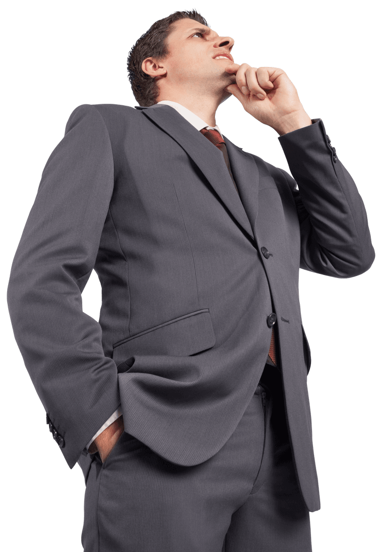 Thoughtful Businessman in Gray Suit with Hand on Chin Transparent