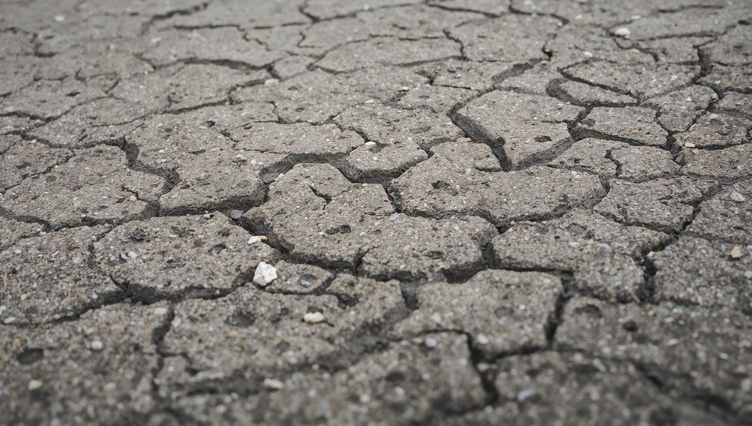 Cracked weathered asphalt forming polygonal fissures with loose pebbles and dry grit