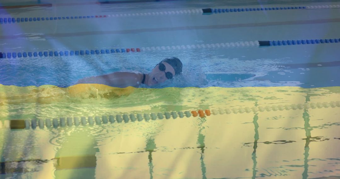 Swimmer Moving Across Pool with Ukrainian Flag Overlay