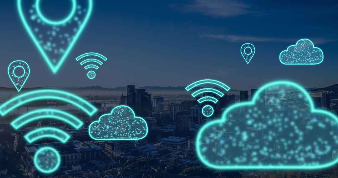 Digital Cloud and Connectivity Icons Over Urban Skyline