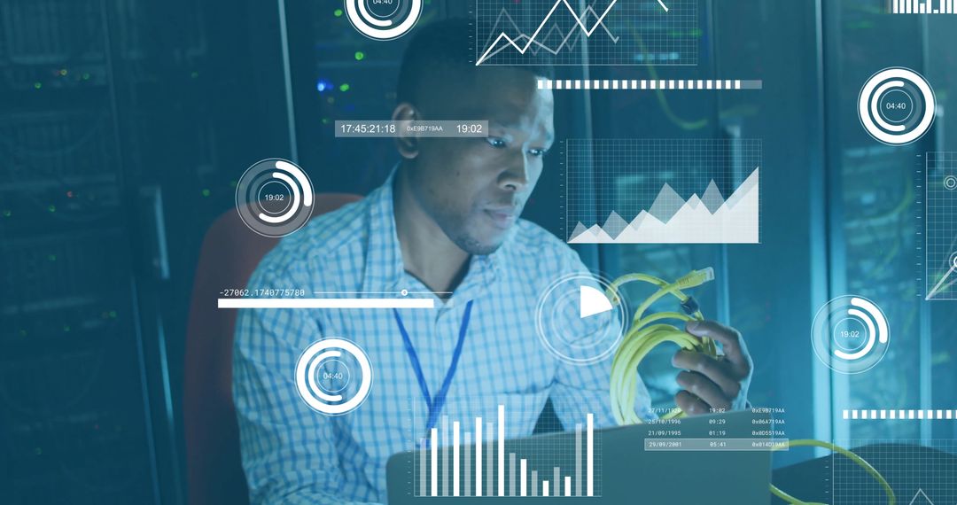 Data Analyst with Digital Interface in High-Tech Server Room