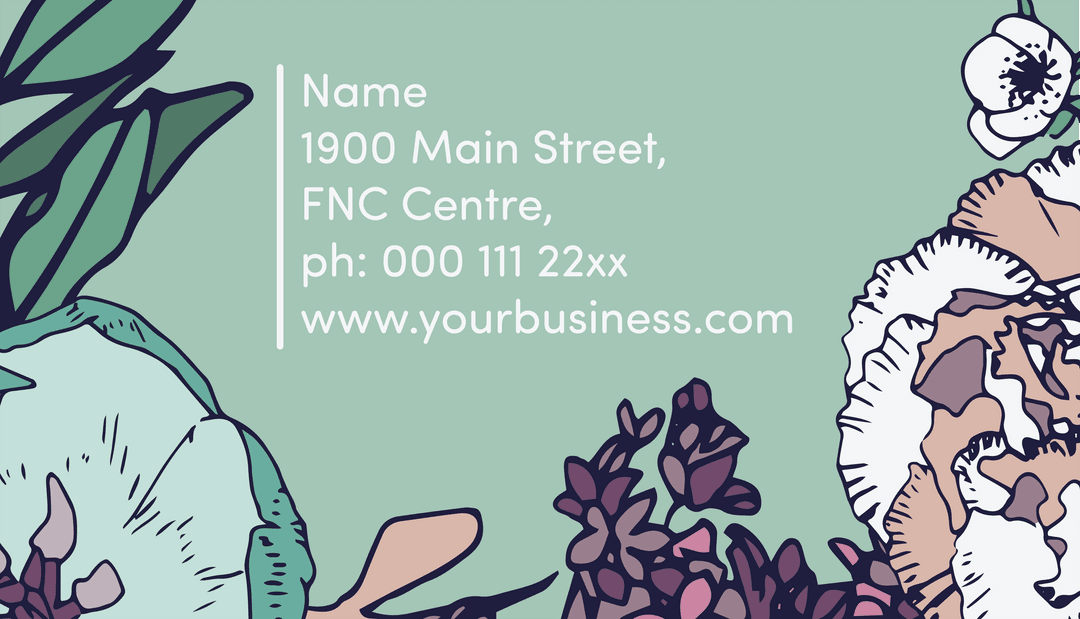 Transparent Floral Business Card Design with Address Information