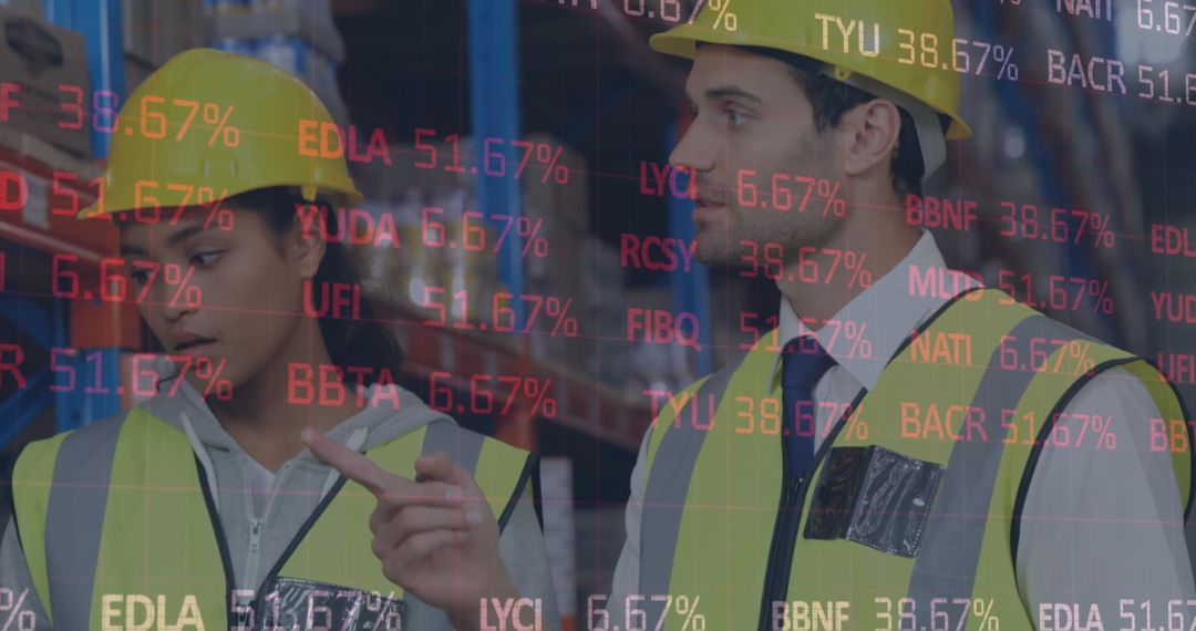Warehouse Logistics Professionals Analyzing Digital Stock Data