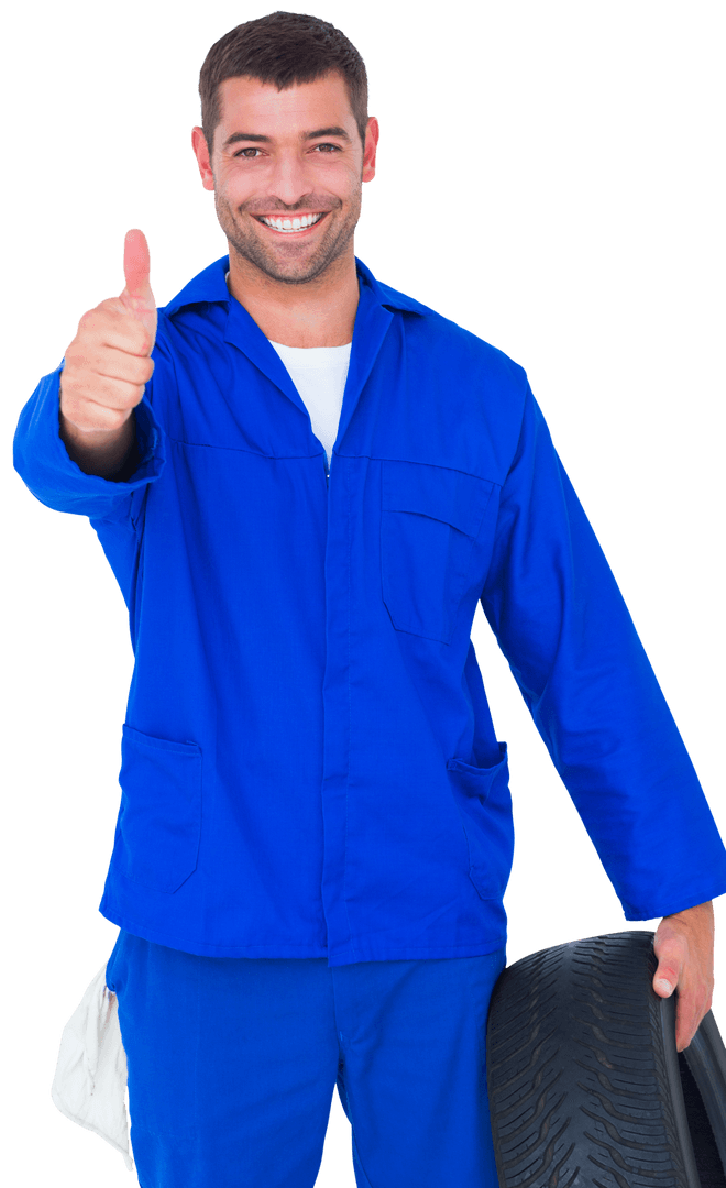 Transparent Smiling Mechanic Gesturing Thumbs Up with Tire