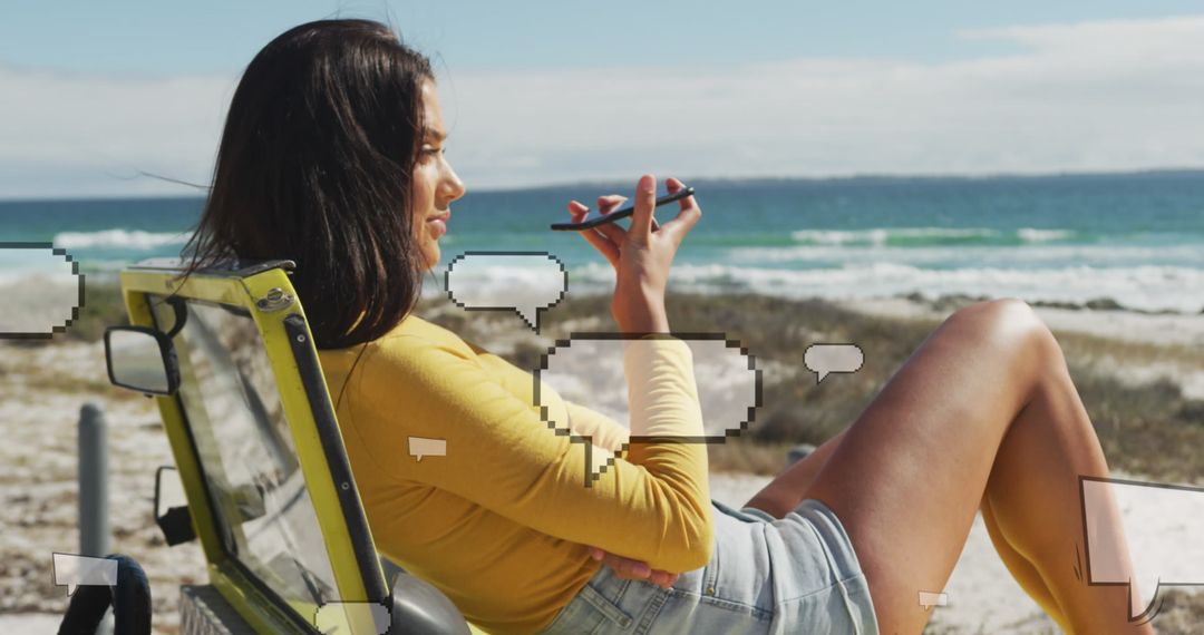 Woman Relaxing on Beach with Smartphone and Social Media Graphics