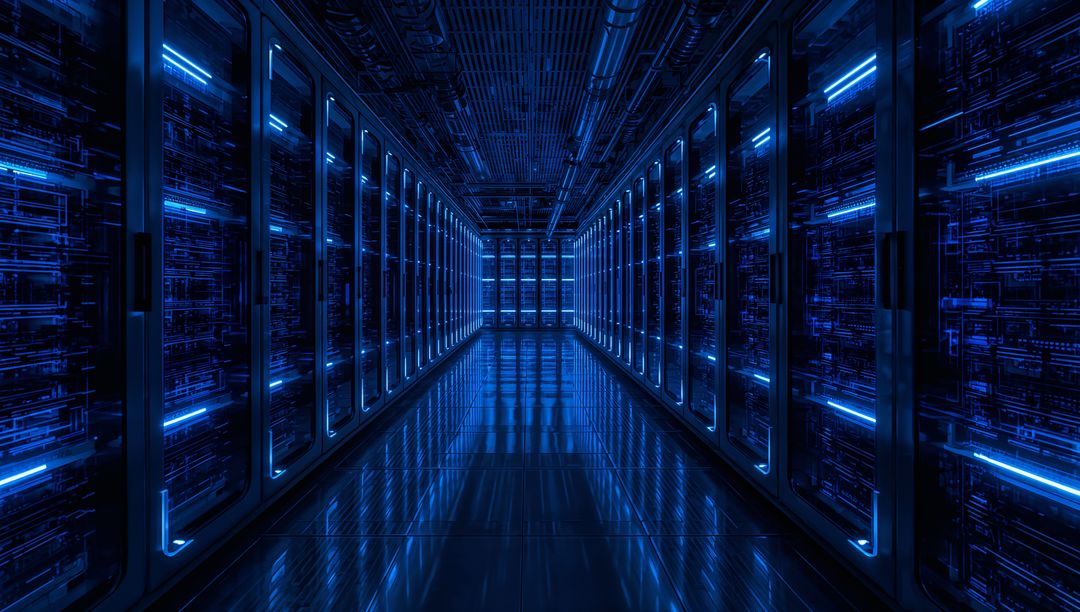 Glowing Blue Data Center Corridor Showing Symmetrical Server Racks and Reflective Floor