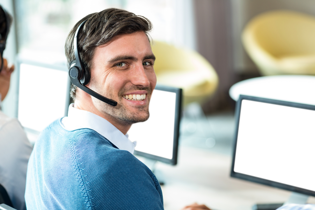 Happy Man with Headset in Modern Office Environment Transparent Background - Download Free Stock Images Pikwizard.com