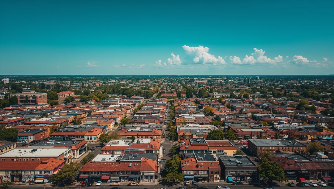 Aerial View of Vibrant Suburban Main Street with Low-Rise Buildings
