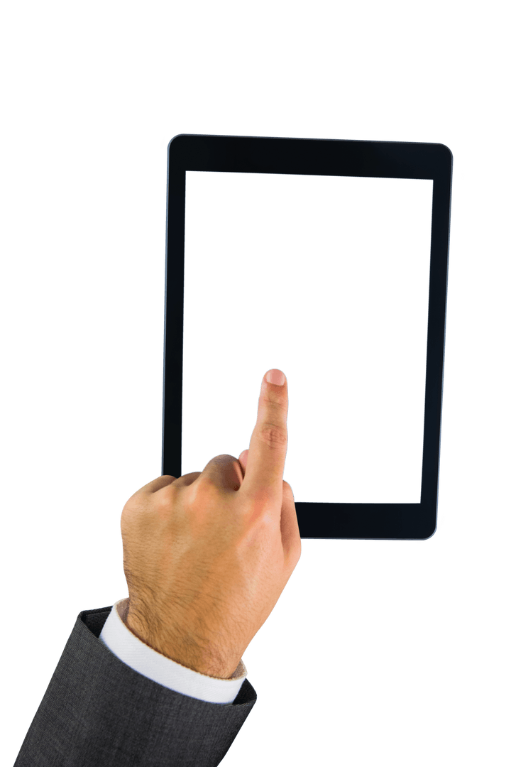 Transparent touchscreen gesture businessman with tablet