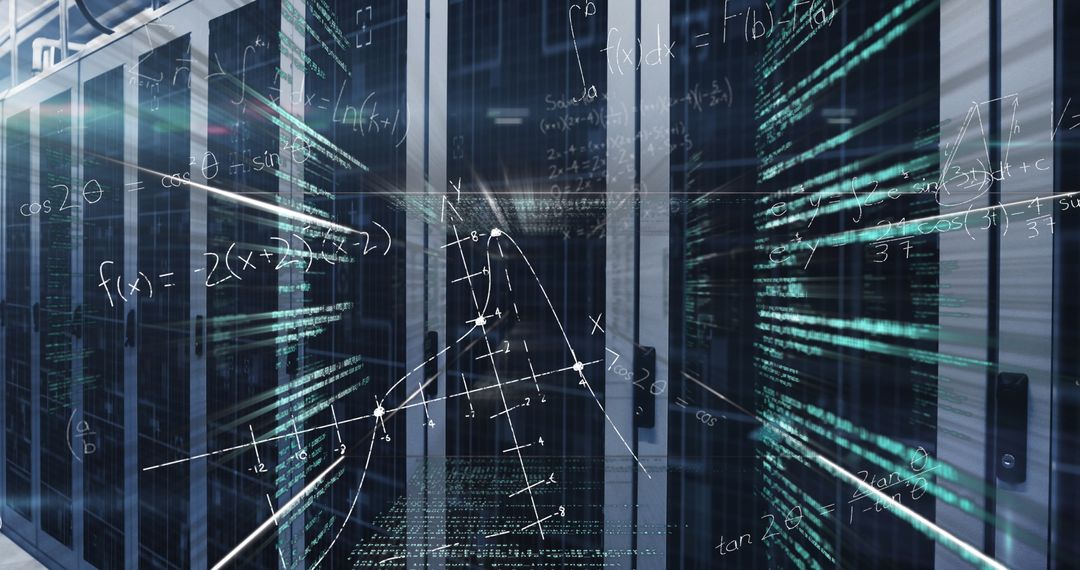 Futuristic Data Center with Mathematical and Binary Overlays