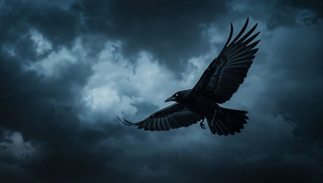 Majestic Raven Soaring Through Stormy Sky