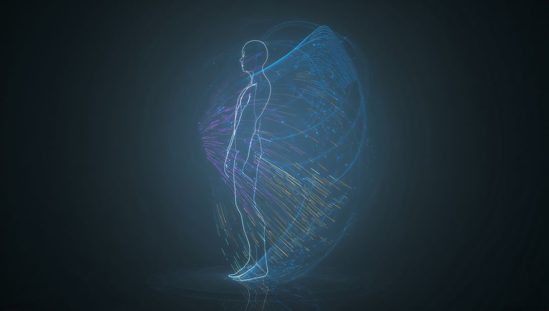 Neon Wireframe Human Radiating Particle Streams with Futuristic Holographic Wing Arcs