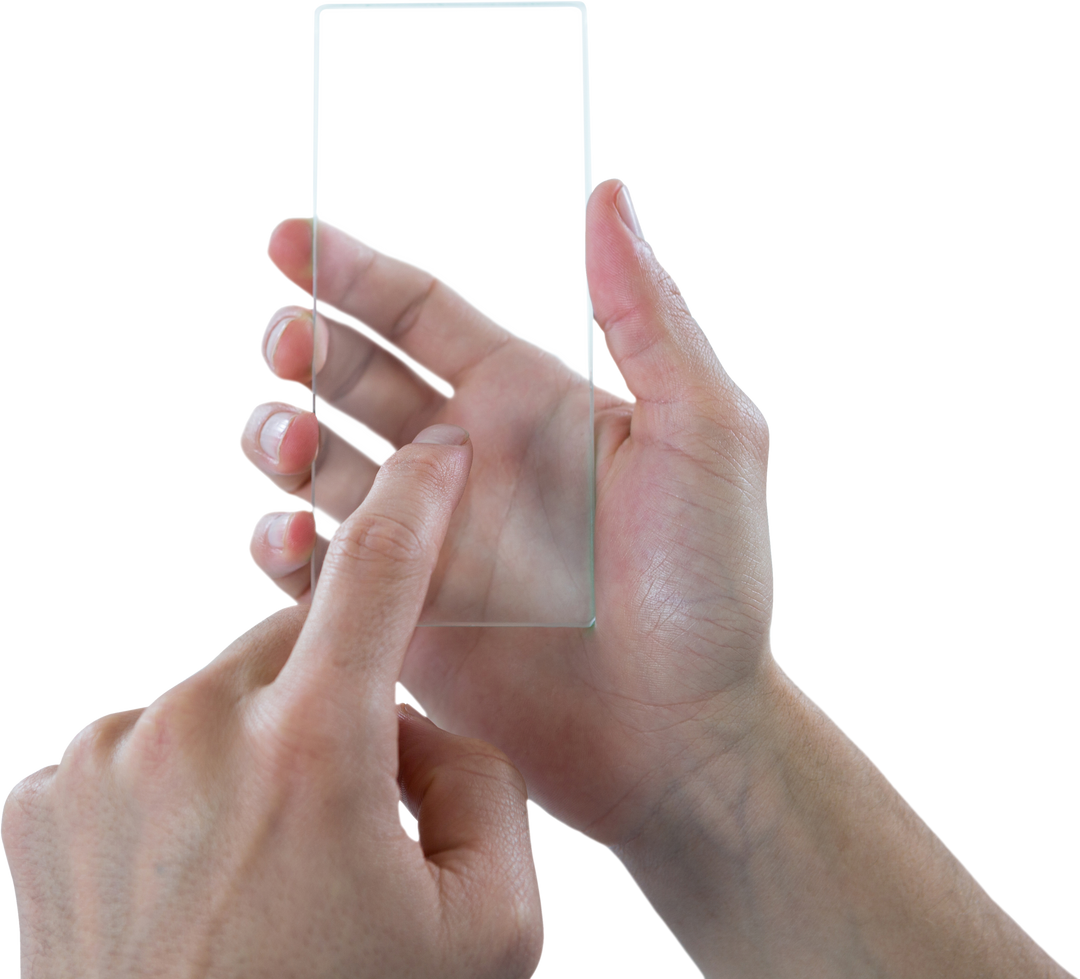 Hands Touching Transparent Futuristic Mobile Phone Isolated on White - Download Free Stock Images Pikwizard.com