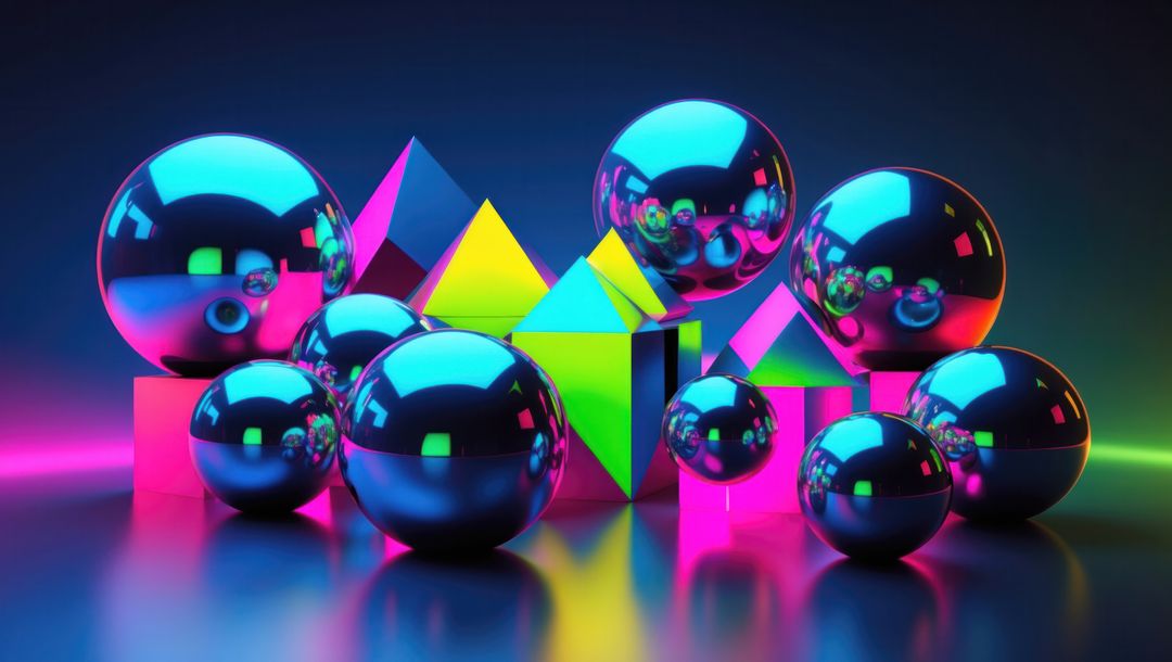 Neon Geometric Solids and Metallic Spheres in Futuristic Composition